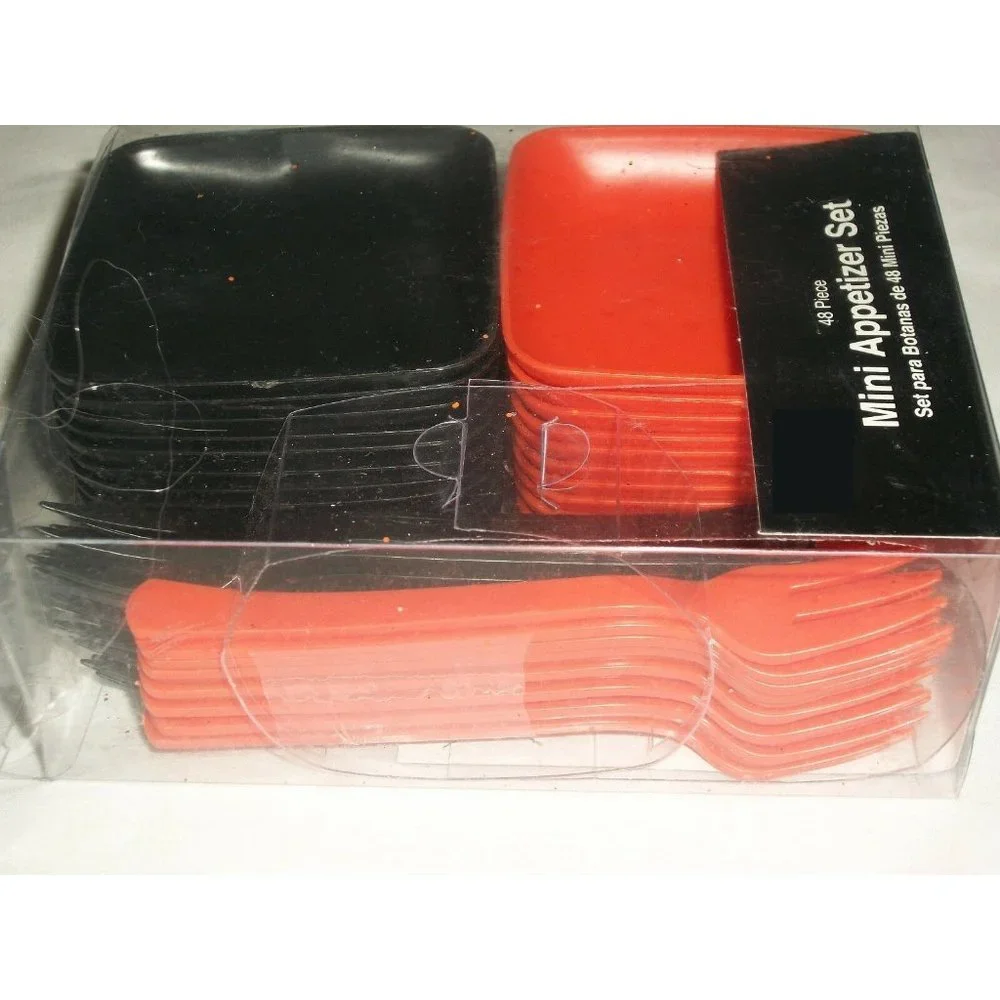 Halloween 48 Pc Mini Appetizer Set Square Plate Forks Orange Black Set